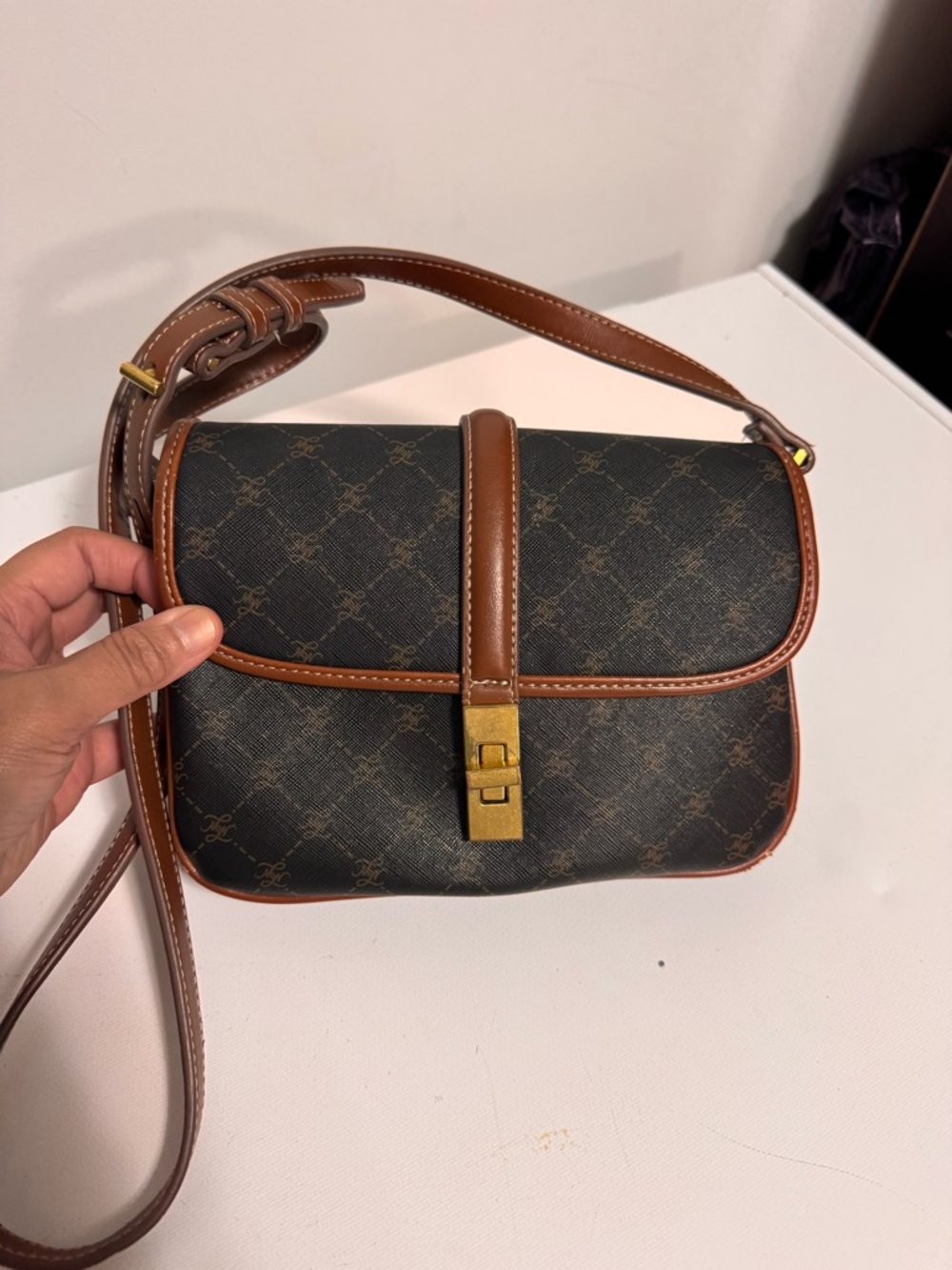 Mango Dark Brown Monogram Crossbody with Tan Trim